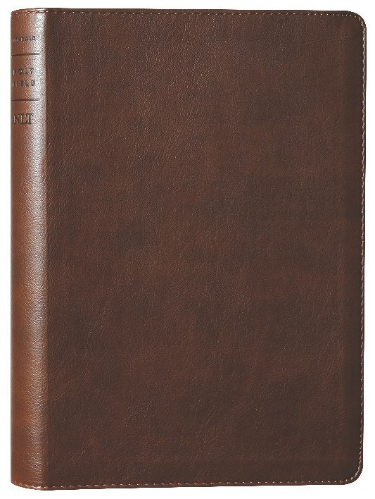 NLT Large Print Thinline Reference Bible in rustic brown leather with red lettering and a Filament Enabled Edition