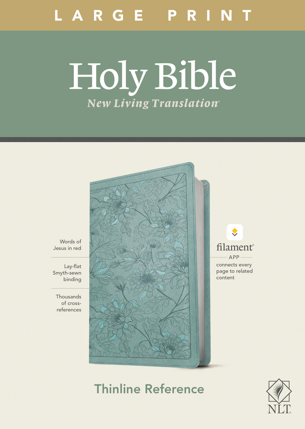 Close-up view of the NLT Large Print Thinline Reference Bible with red lettering