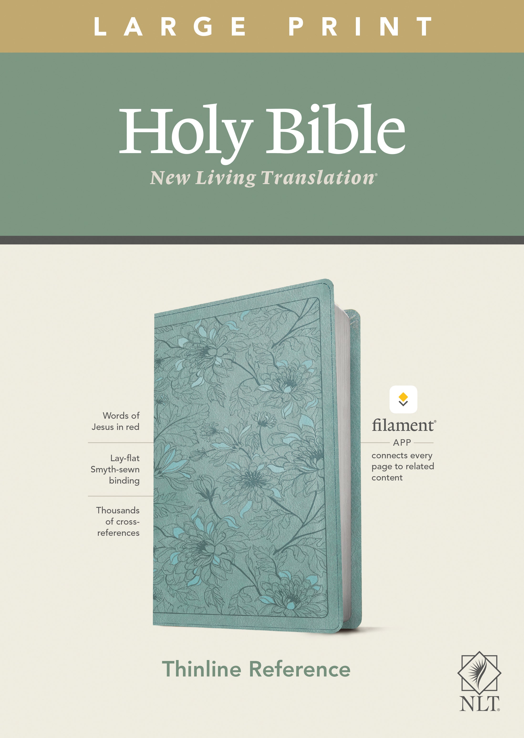 Close-up view of the NLT Large Print Thinline Reference Bible with red lettering