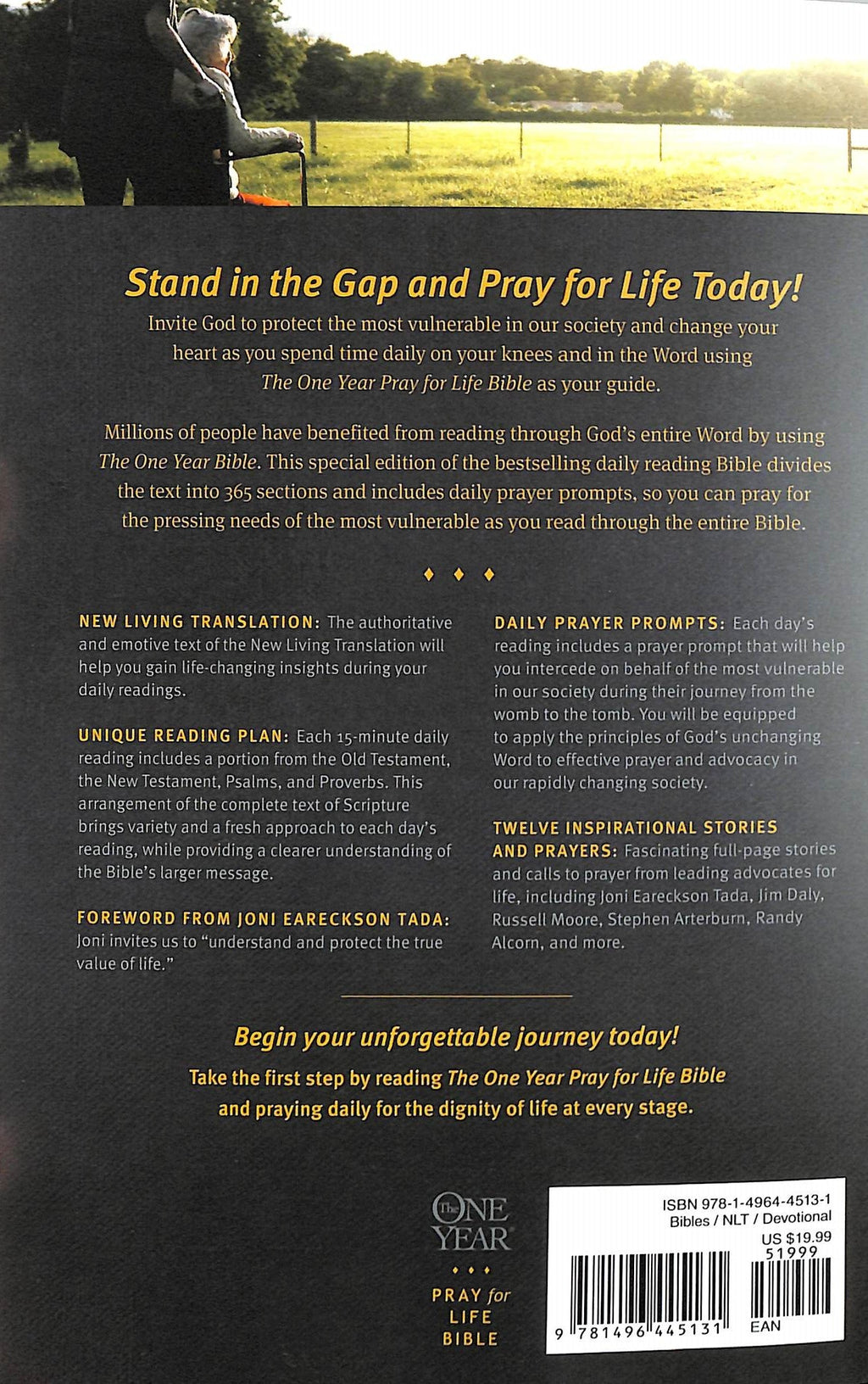Close-up of NLT One Year Devotional and Journaling Bible, highlighting its black letter edition and prayerful daily devotiona