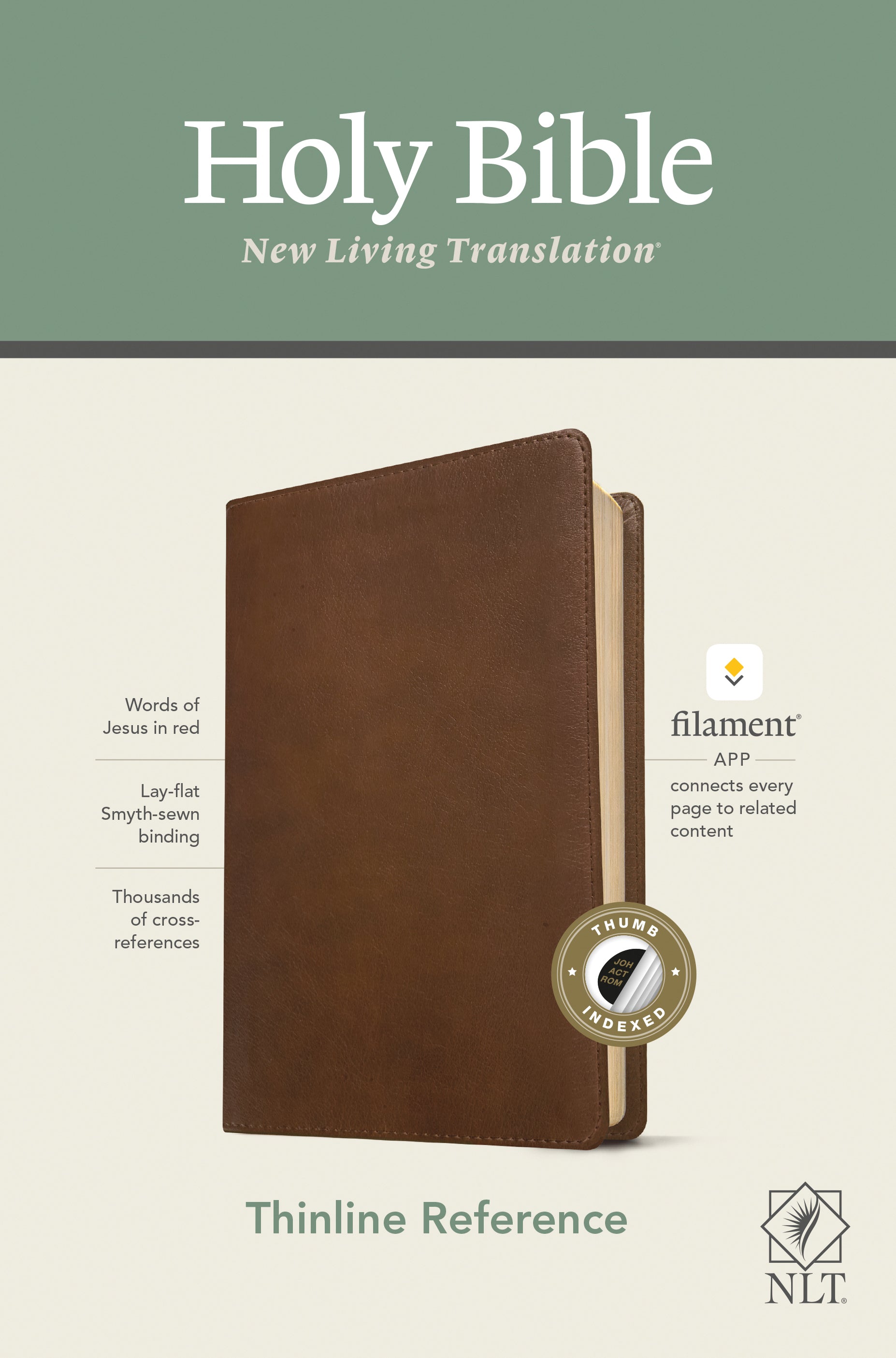 NLT Thinline Reference Bible in rustic brown leather indexed red letter edition with Filament