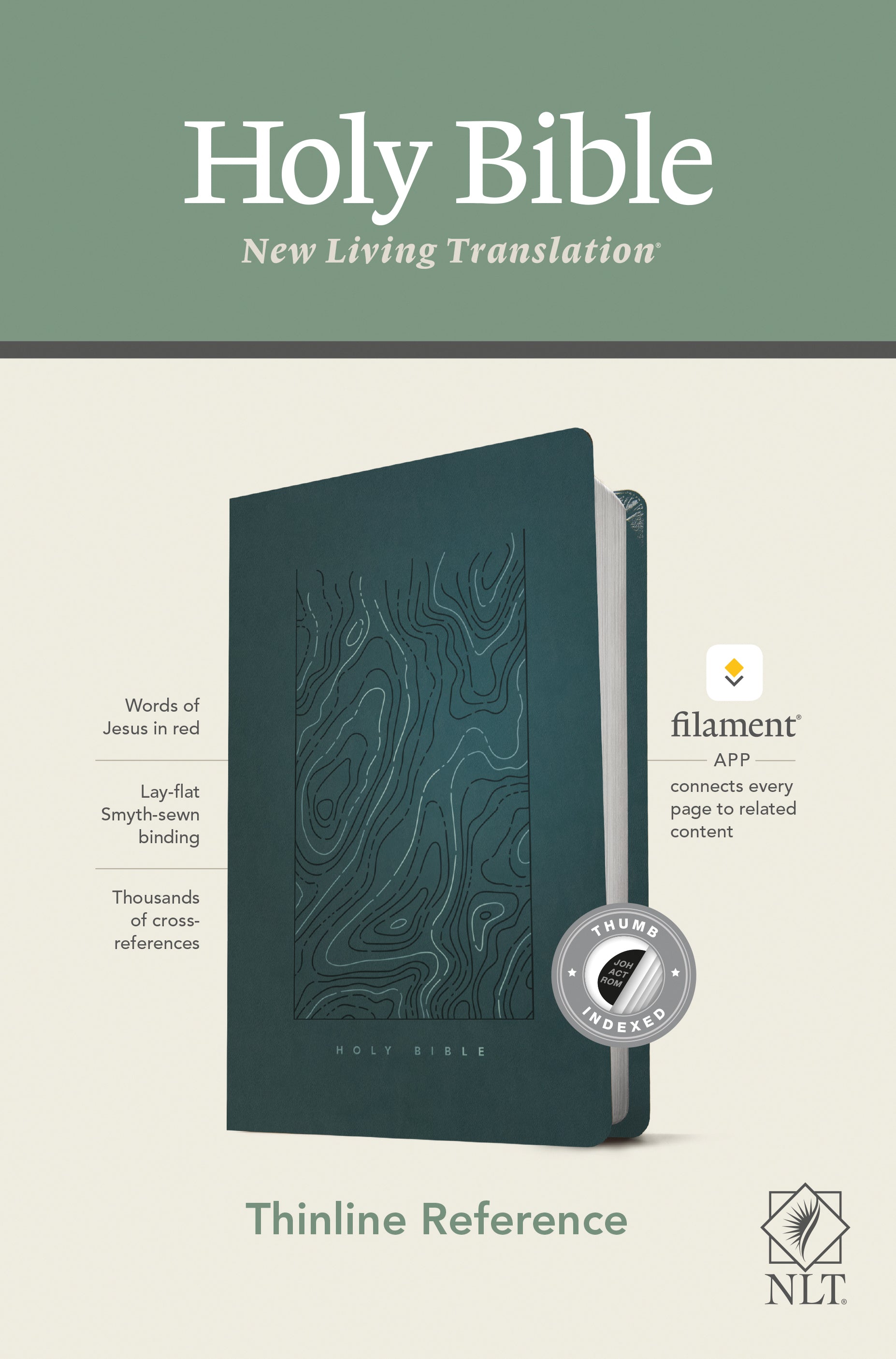 NLT Thinline Reference Bible in teal blue with indexed red letter edition filament enabled