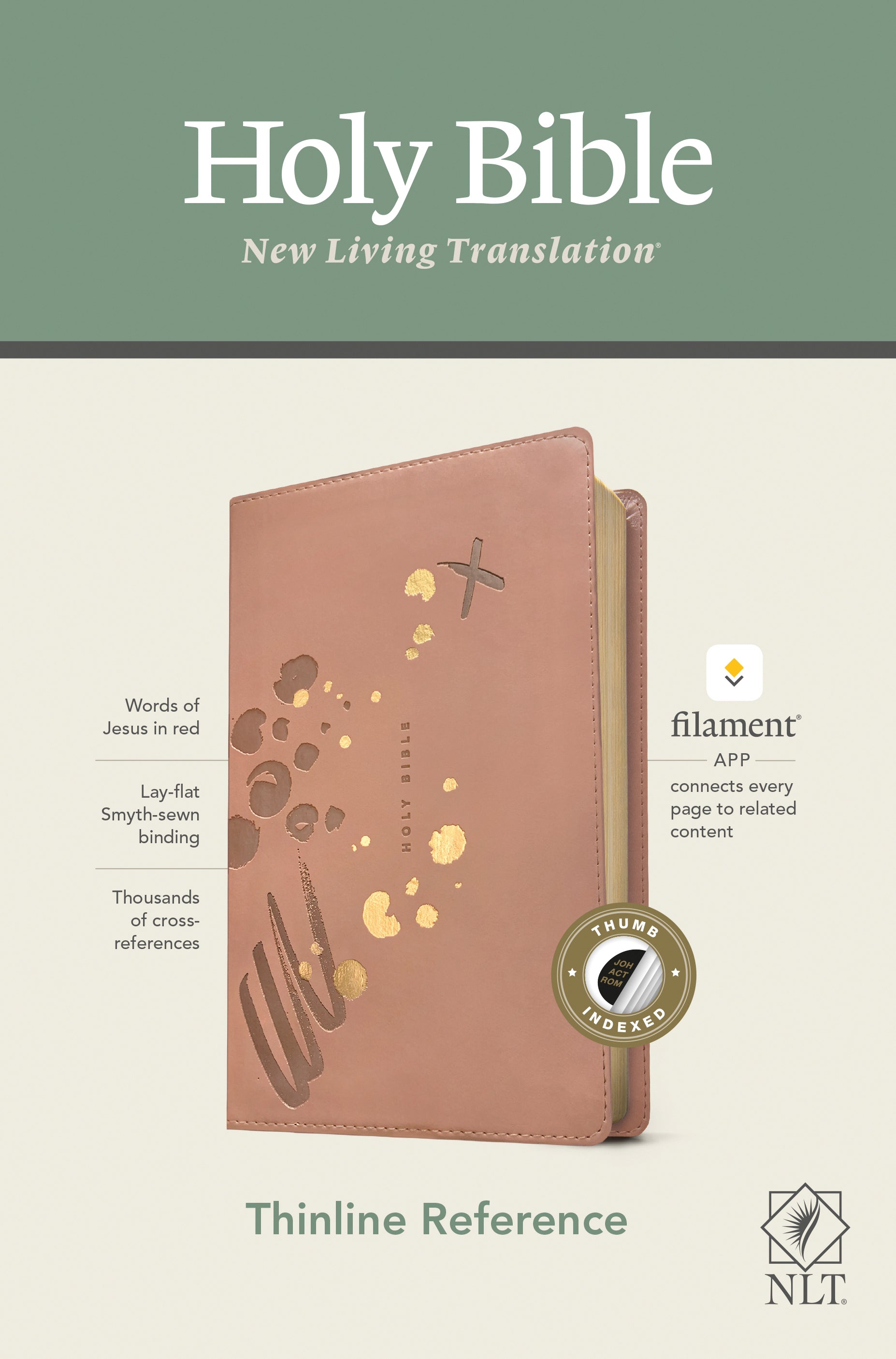 NLT Thinline Reference Bible, pink indexed red letter edition, with filament enabled feature