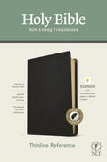 A black indexed red letter NLT thinline reference Bible with features including filament enabled edition.
