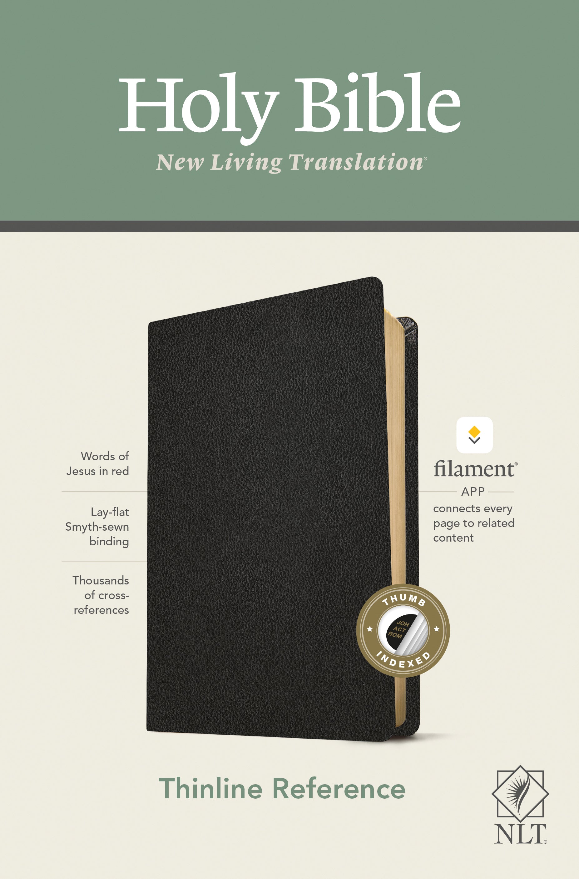 A black indexed red letter NLT thinline reference Bible with features including filament enabled edition.