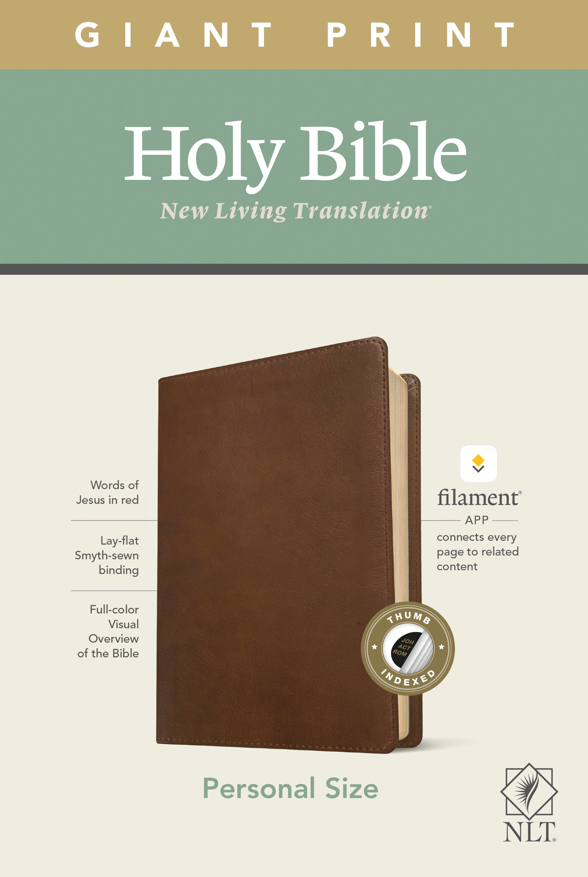 NLT Personal Size Giant Print Bible with filament enabled edition and indexed rustic brown cover