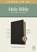 New Living Translation Large Print Thinline Reference Bible with Index, a black leather edition featuring red letter text and