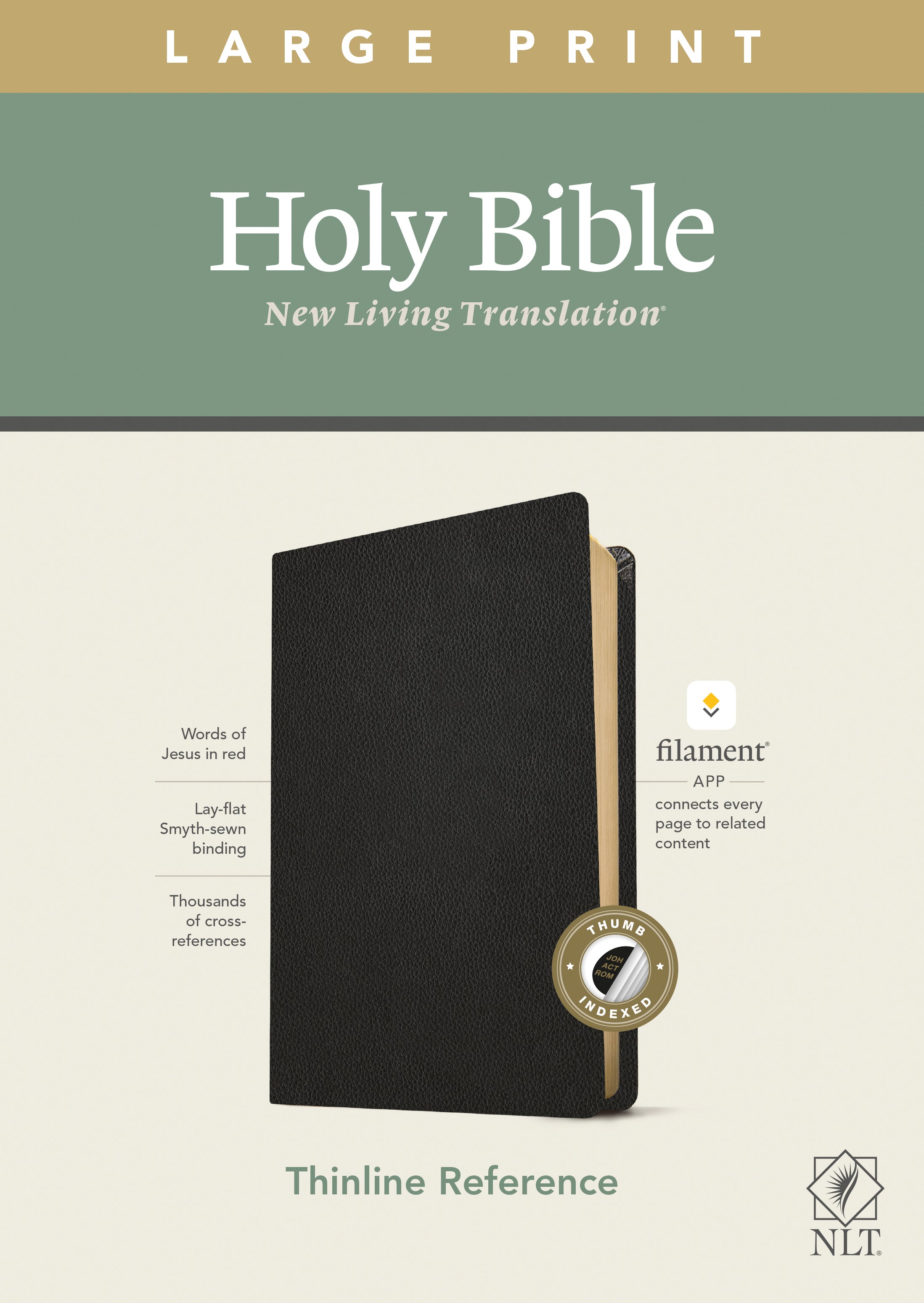 New Living Translation Large Print Thinline Reference Bible with Index, a black leather edition featuring red letter text and