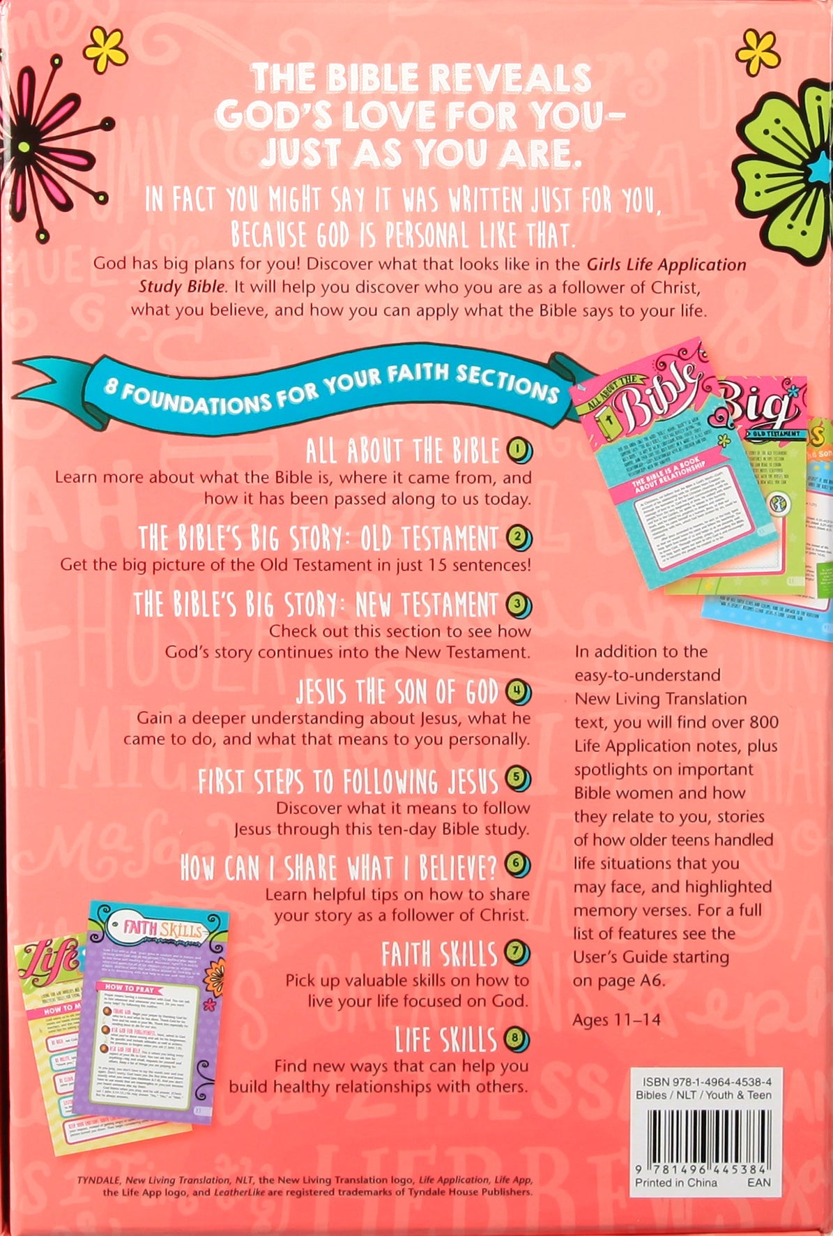 Close-up of the NLT Girls Life Application Study Bible in Teal and Pink Flowers Black Letter Edition