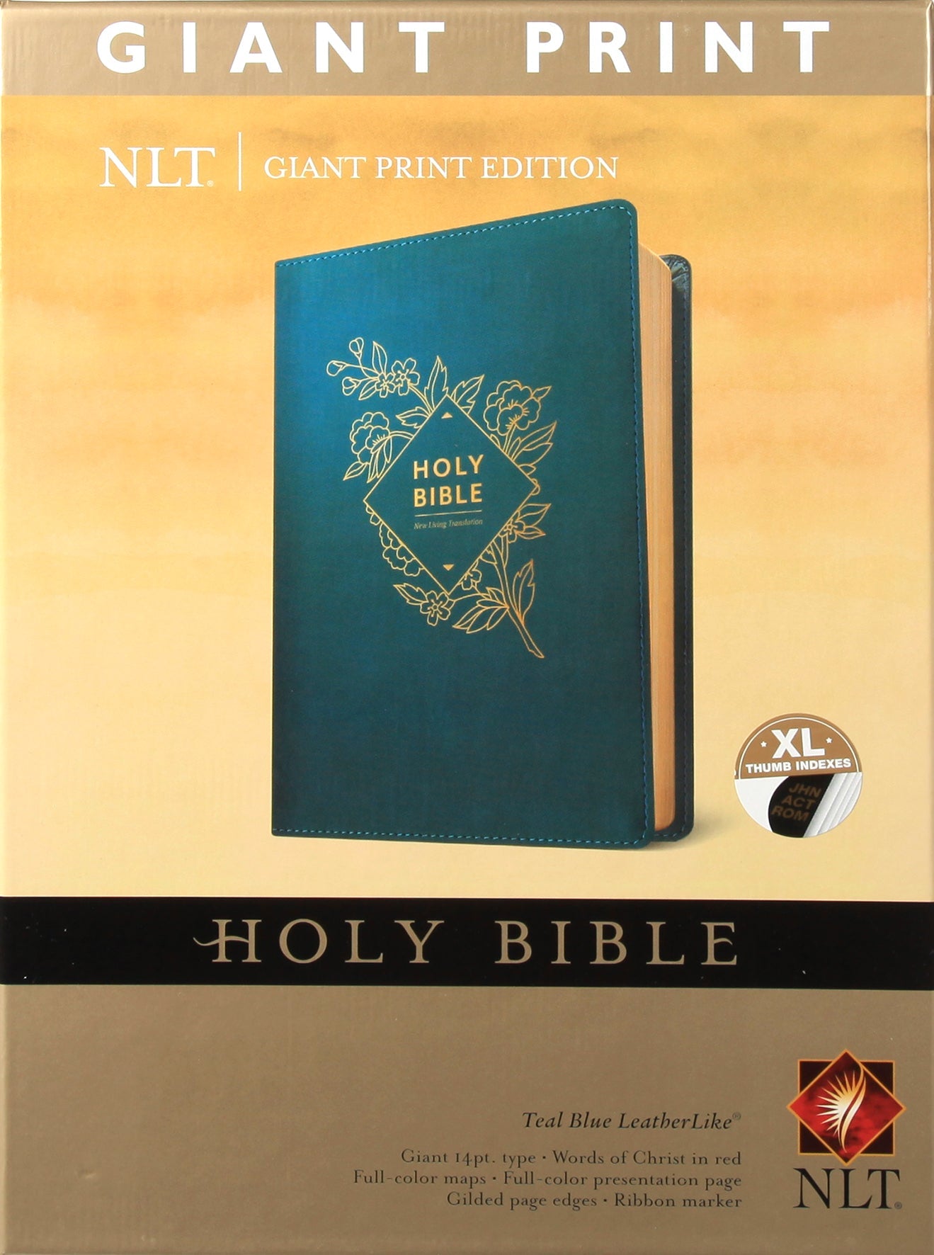 Close-up of NLT Giant Print Indexed Holy Bible (Red Letter Edition) with teal blue cover and red letter text