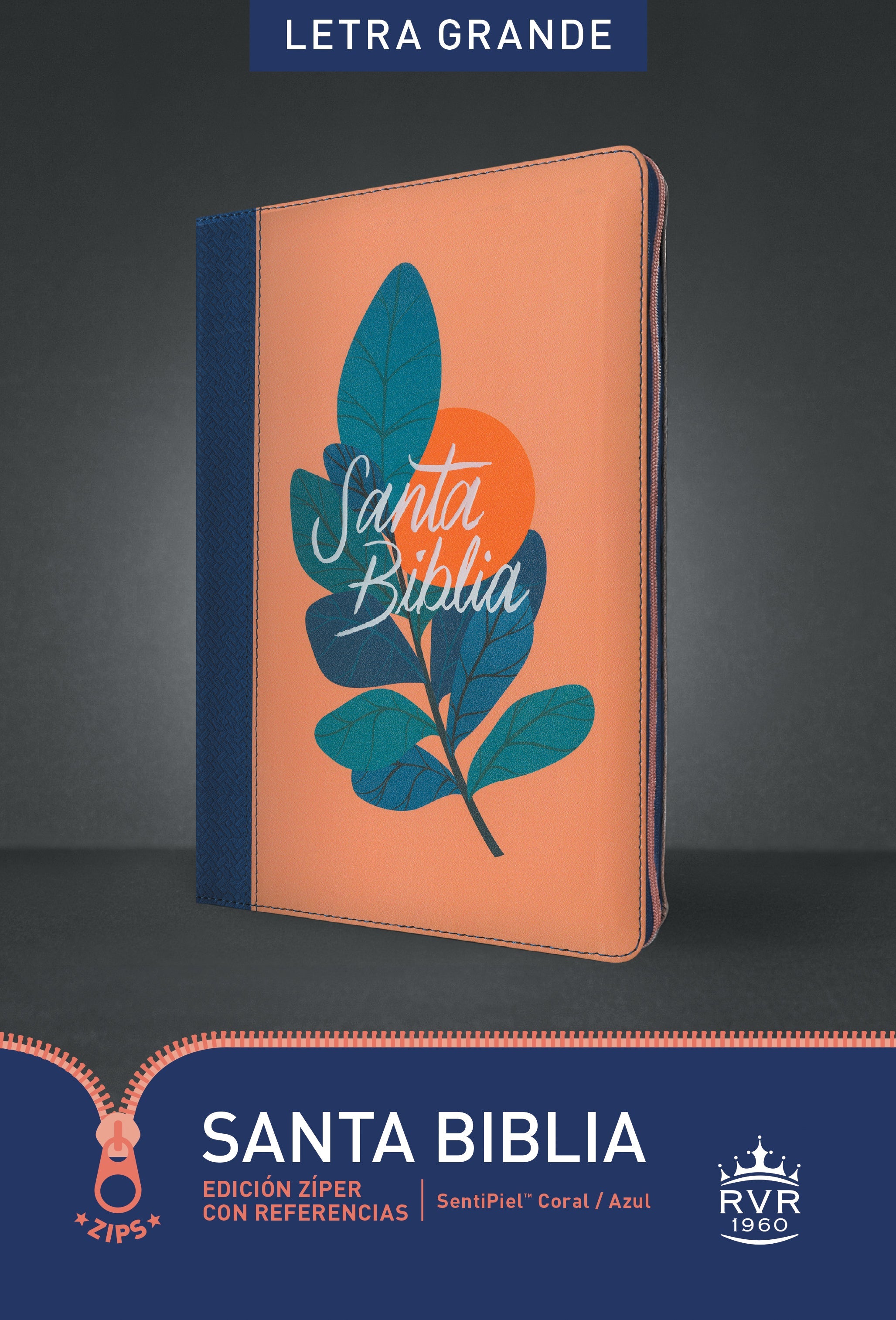 RVR60 Santa Biblia, Edicion Ziper Con Referencias, Letra Grande Coral y Azul, Red Letter Edition