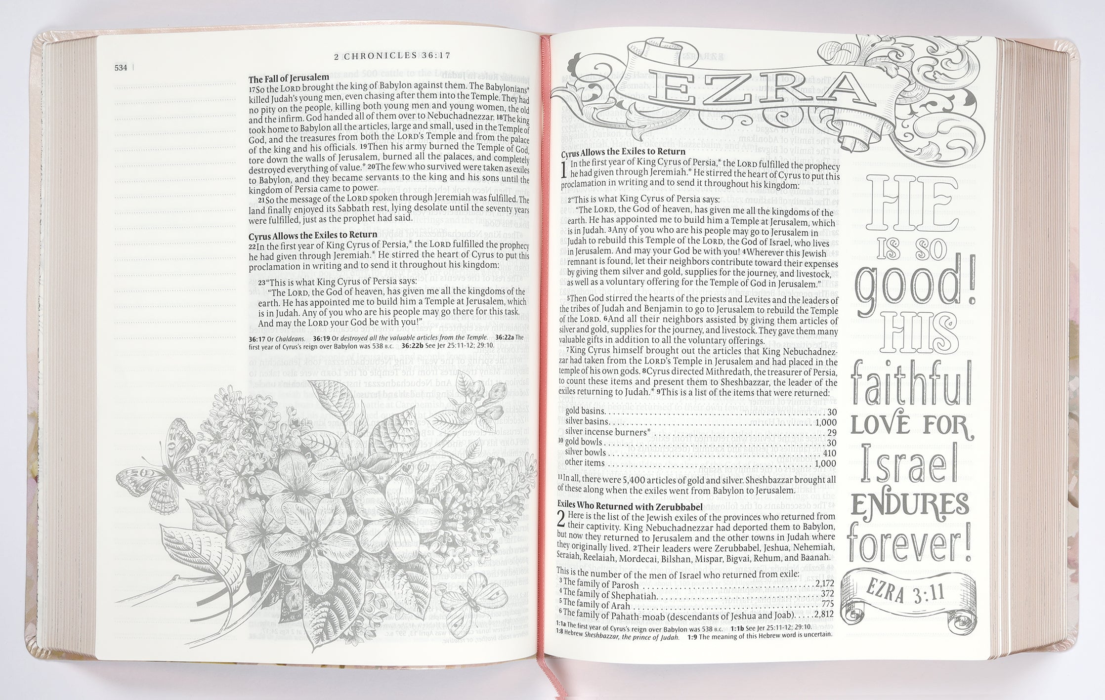 Large Print NLT Inspire Catholic Bible with pink fields and rose gold accents