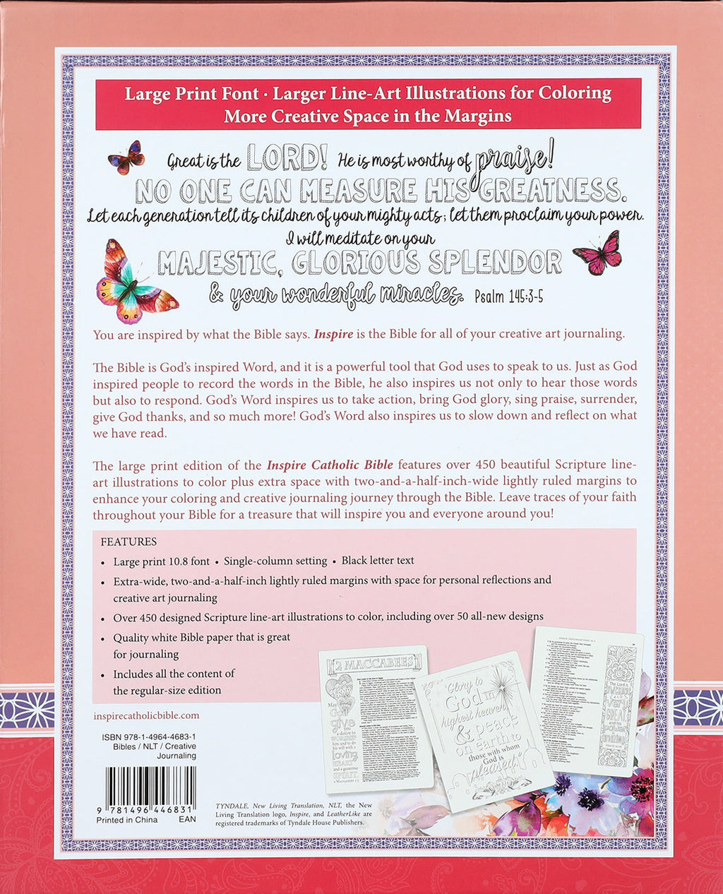 Large Print NLT Inspire Catholic Bible with pink fields and rose gold accents