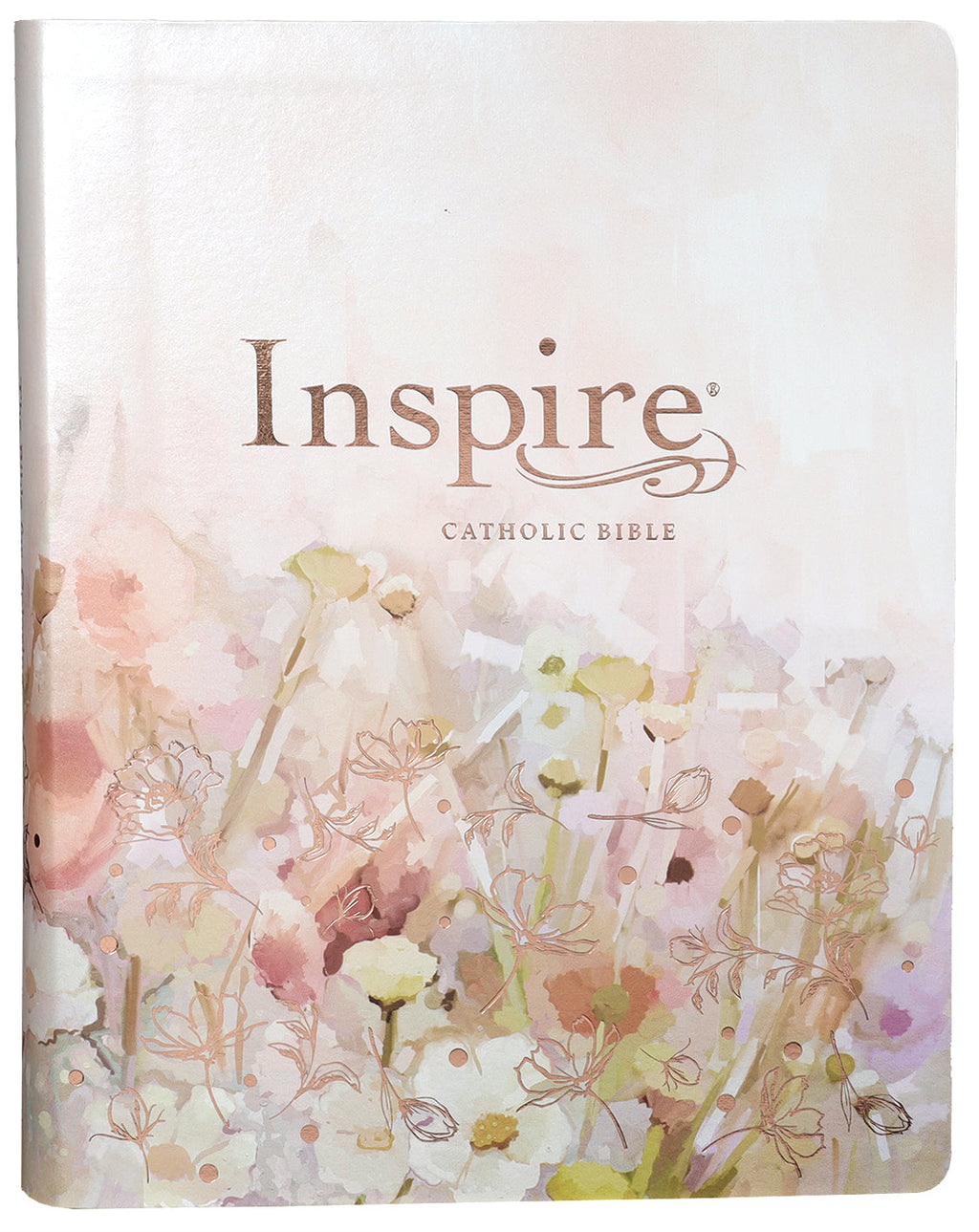 Large Print NLT Inspire Catholic Bible with pink fields and rose gold accents