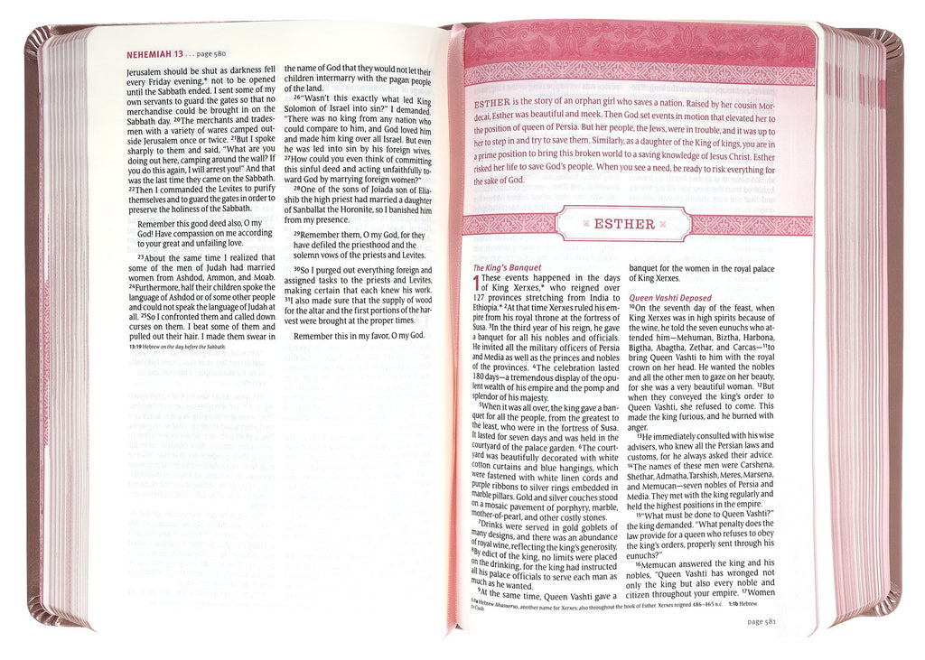 Back cover of the NLT Thrive Devotional Bible for Women, featuring Rose Metallic finish