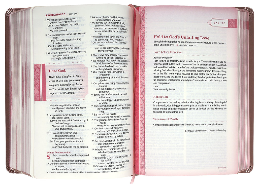 NLT Thrive Devotional Bible for Women with Rose Metallic Cover and Open Pages
