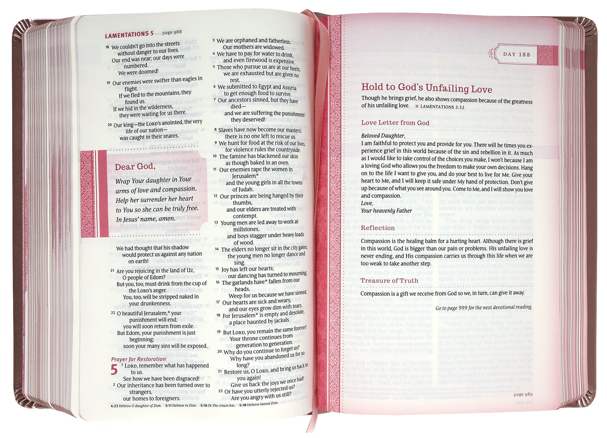 Open pages of the NLT Thrive Devotional Bible for Women, Rose Metallic Cover
