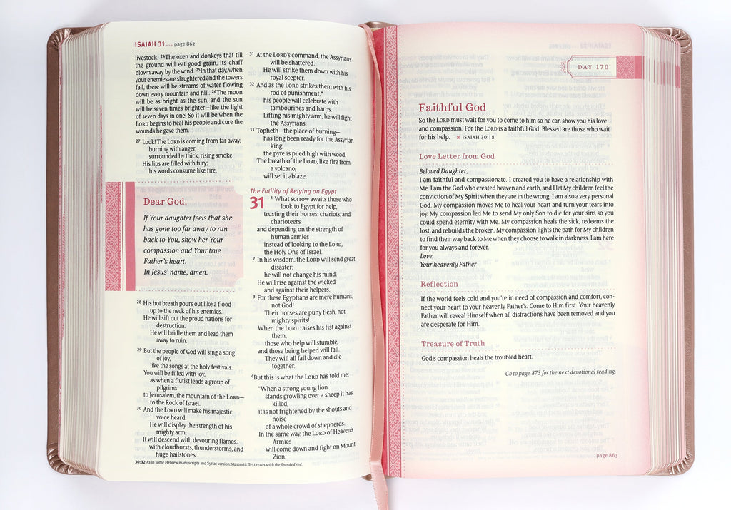 Side view of the NLT Thrive Devotional Bible for Women with Rose Metallic Cover