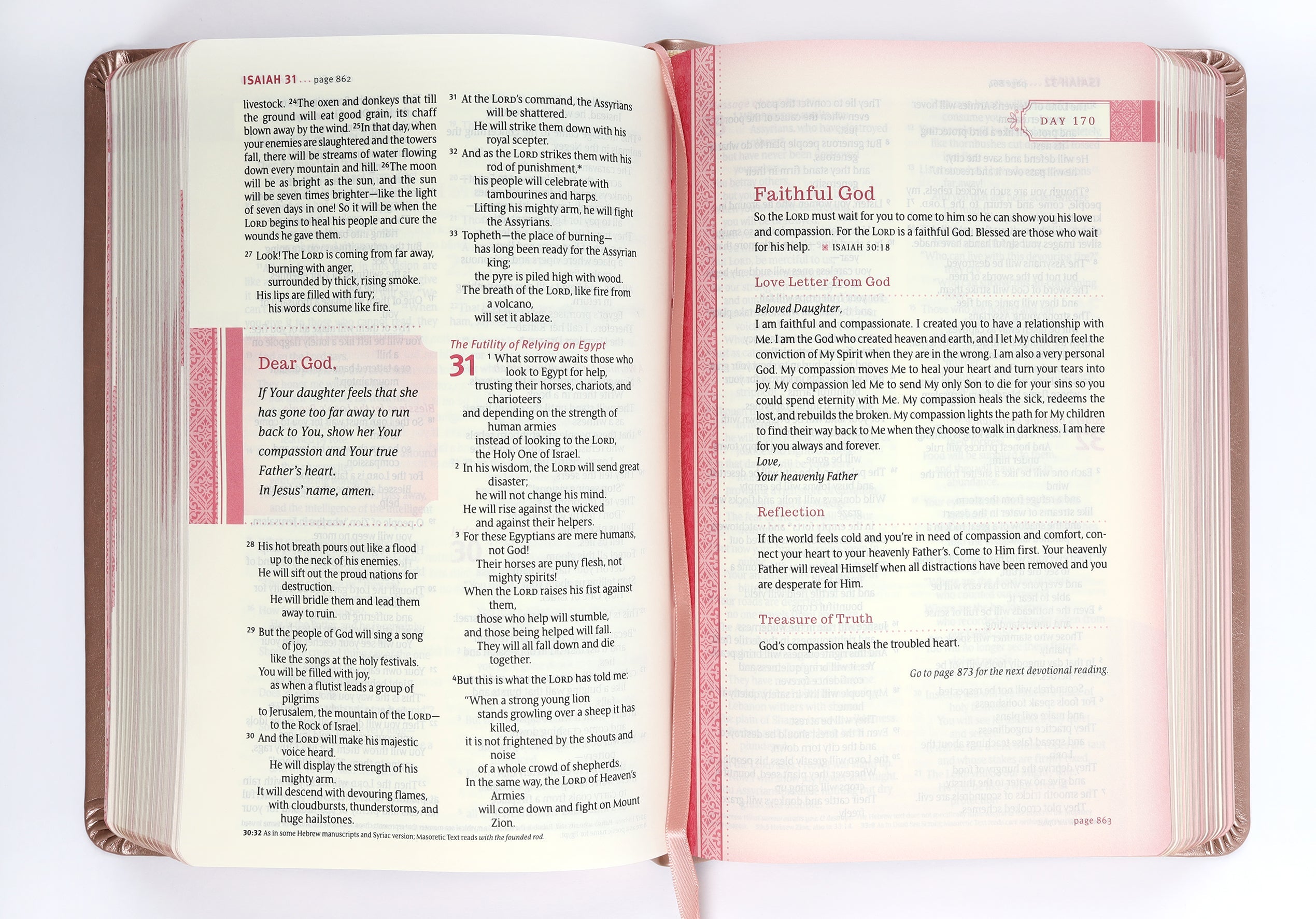 Side view of the NLT Thrive Devotional Bible for Women with Rose Metallic Cover