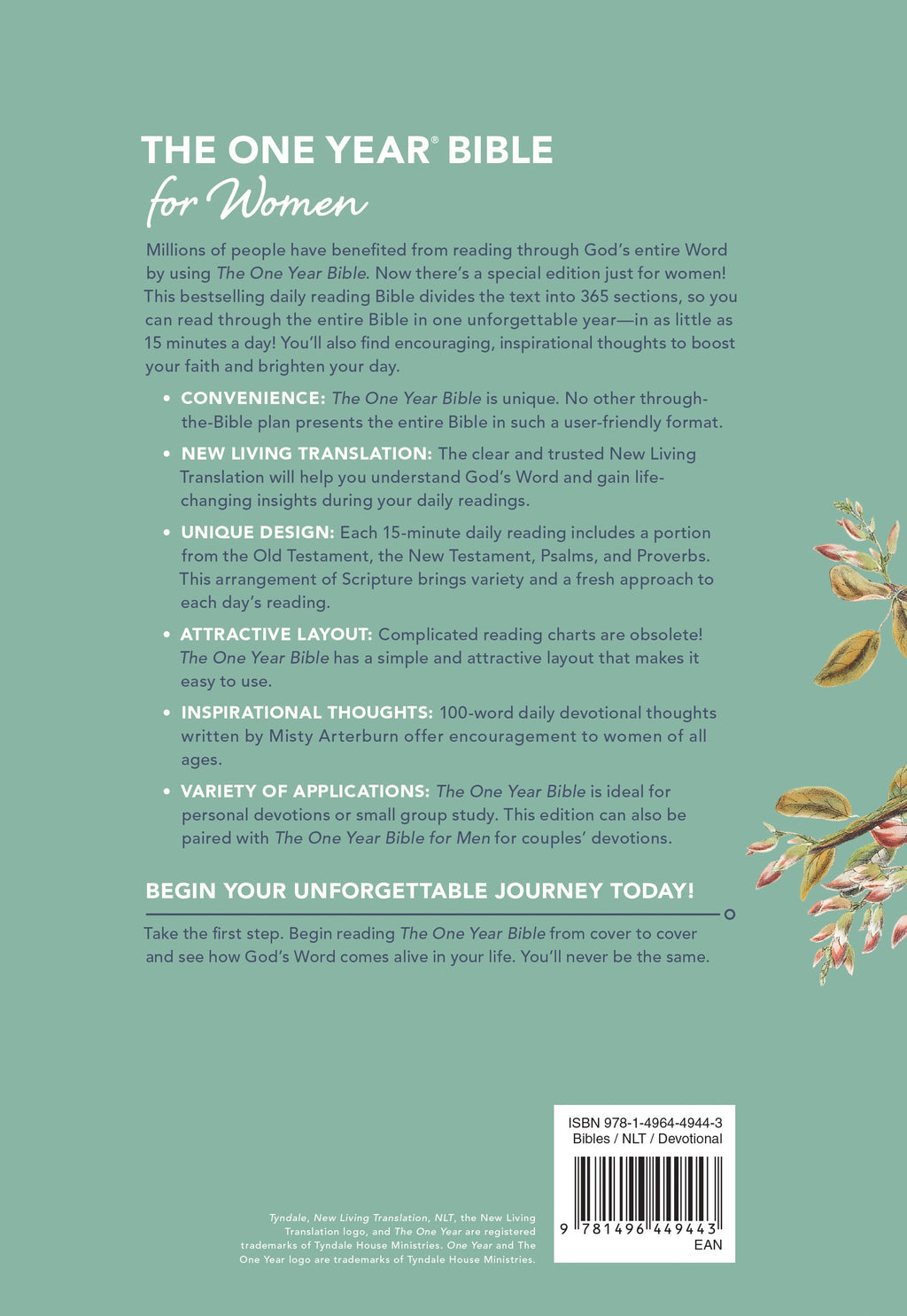 One Year Devotional Bible for Women in NLT translation, providing a year's worth of daily inspiration and Bible study for wom