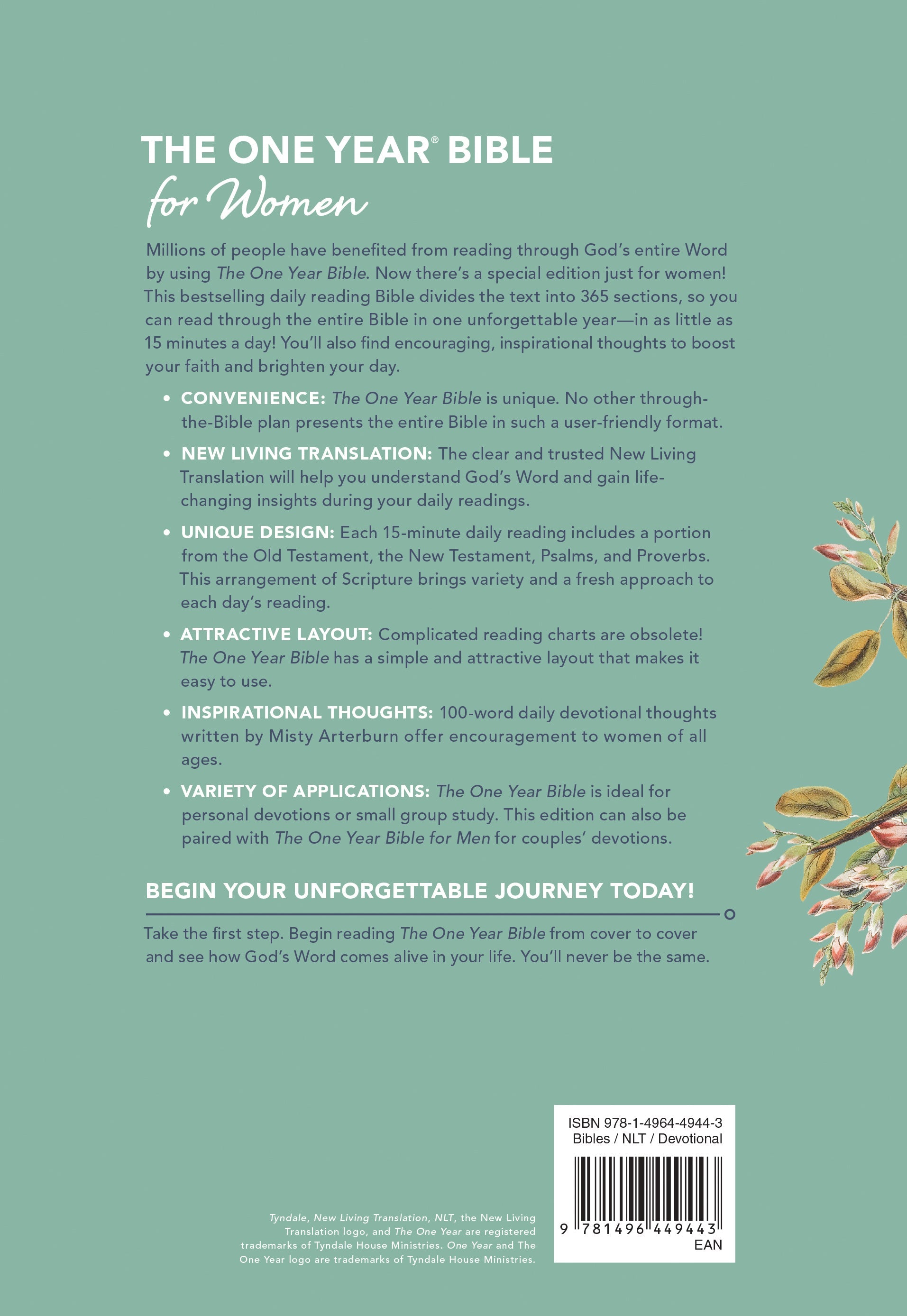 One Year Devotional Bible for Women in NLT translation, providing a year's worth of daily inspiration and Bible study for wom