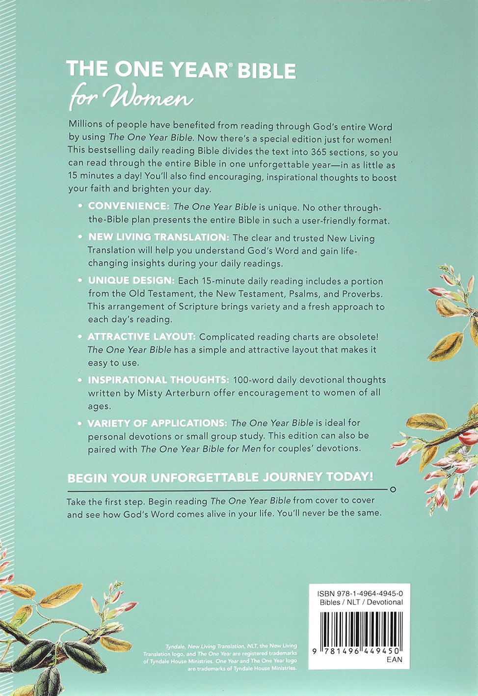 NLT One Year Devotional Bible for women with journaling space
