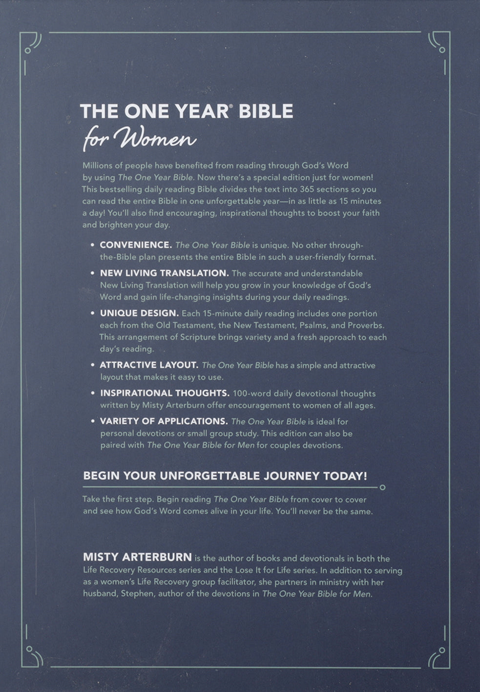 Close-up of the Birdsong Teal NLT The One Year Bible for Women Cover