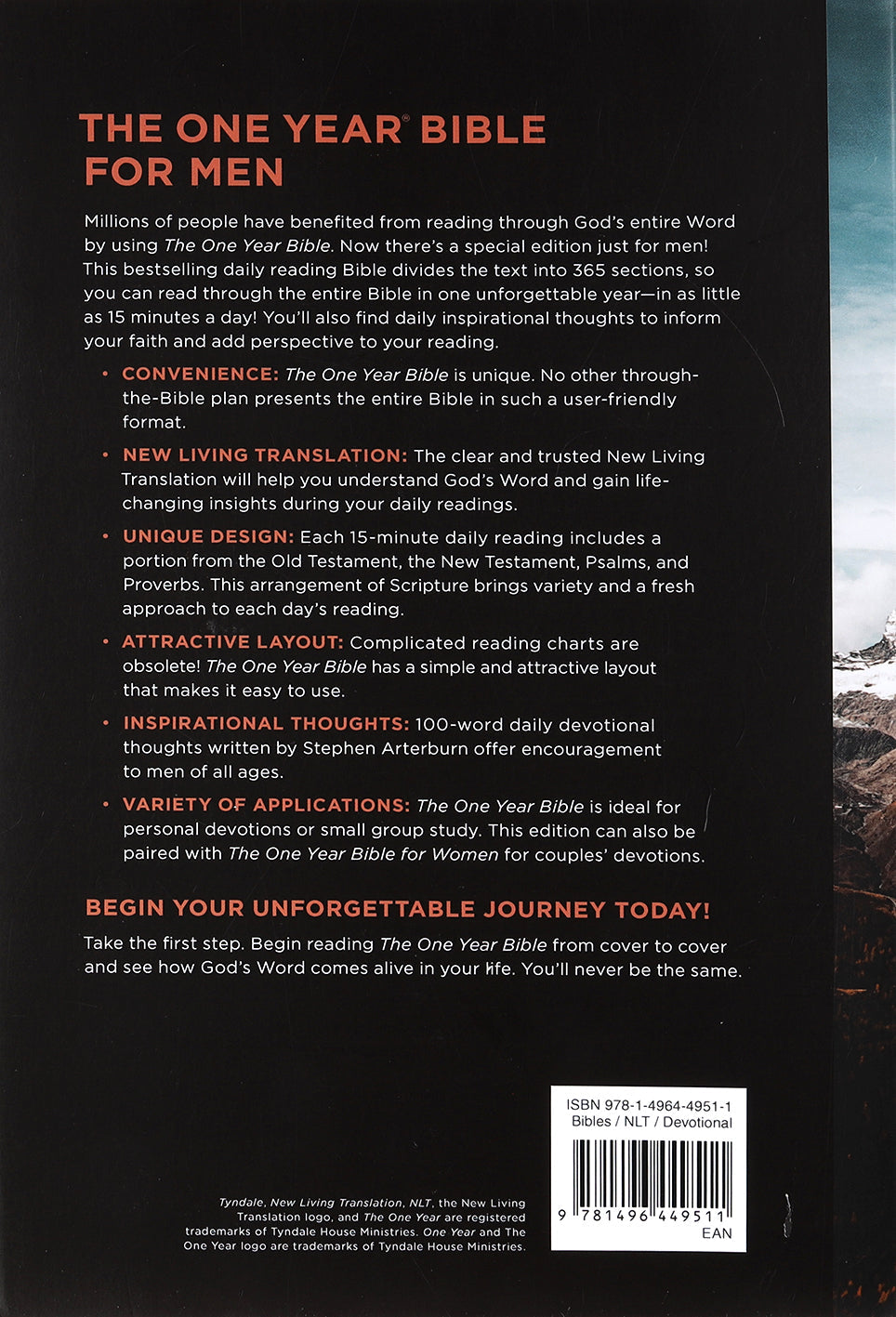Interior pages of NLT One Year Bible for Men, a daily scripture guide for men