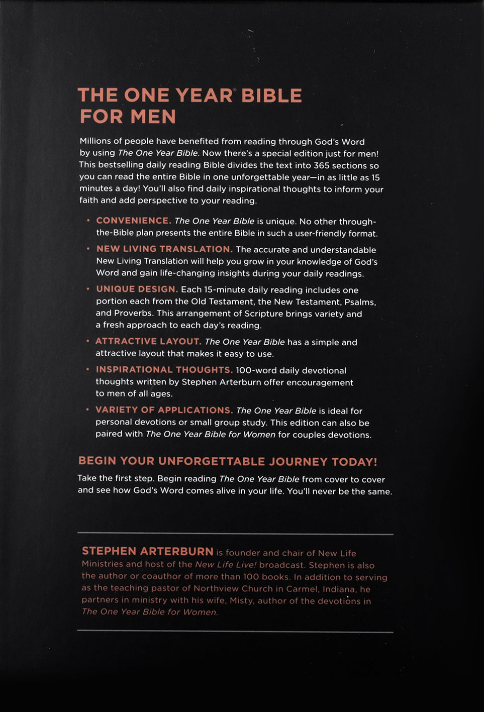A close-up of the rustic brown cover of The One Year Bible for Men, a durable and stylish Bible for men.