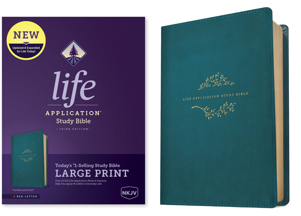 NKJV Life Application Study Bible 3rd Edition Large Print Teal Blue open pages with red letter edition