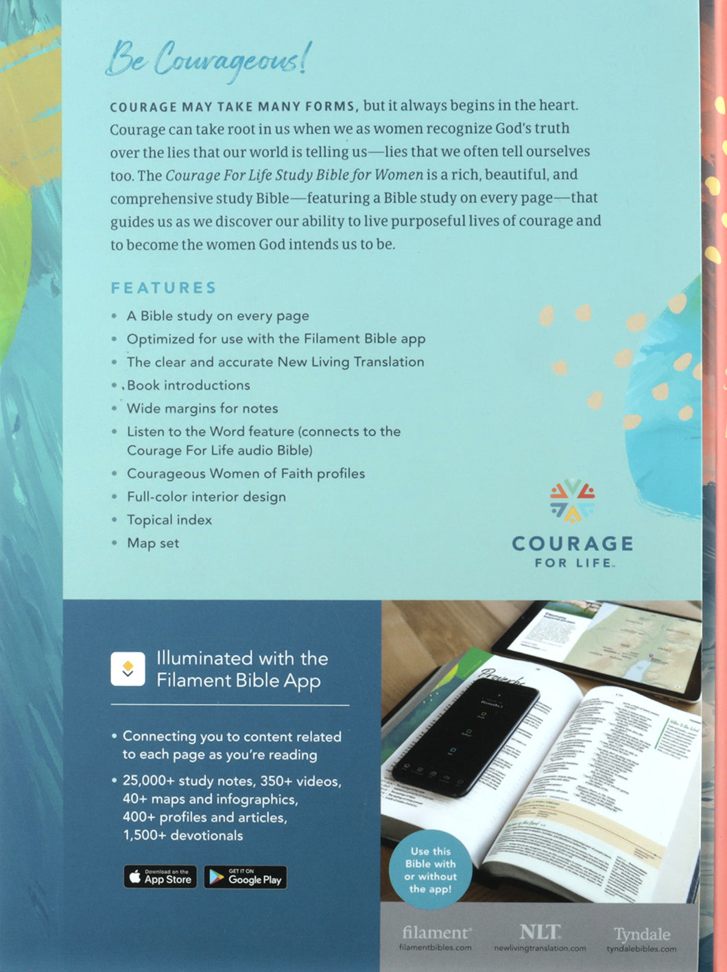 Close-up of the NLT Courage For Life Study Bible for Women Filament-Enabled Edition, a Bible with study features.