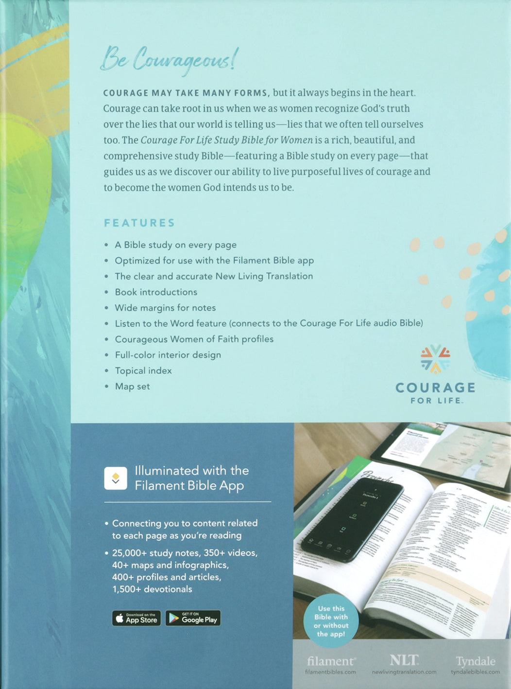 Close-up of NLT Courage For Life Study Bible for Women in Brushed Aqua Blue