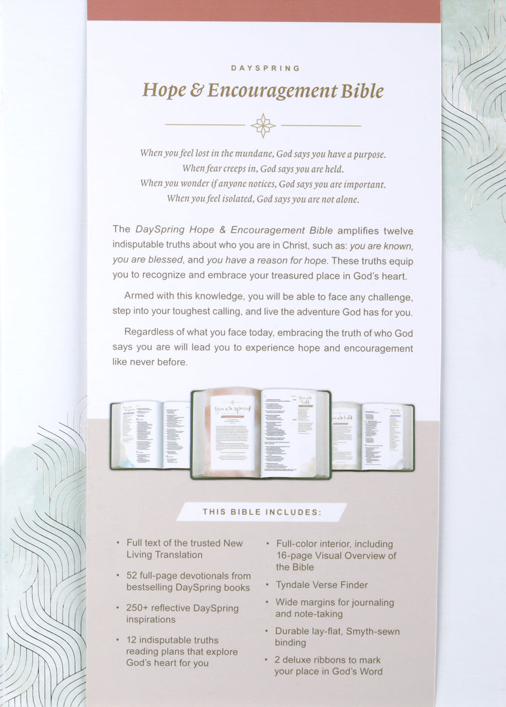 Close-up of the NLT Dayspring Hope & Encouragement Bible's seafoam green cover.