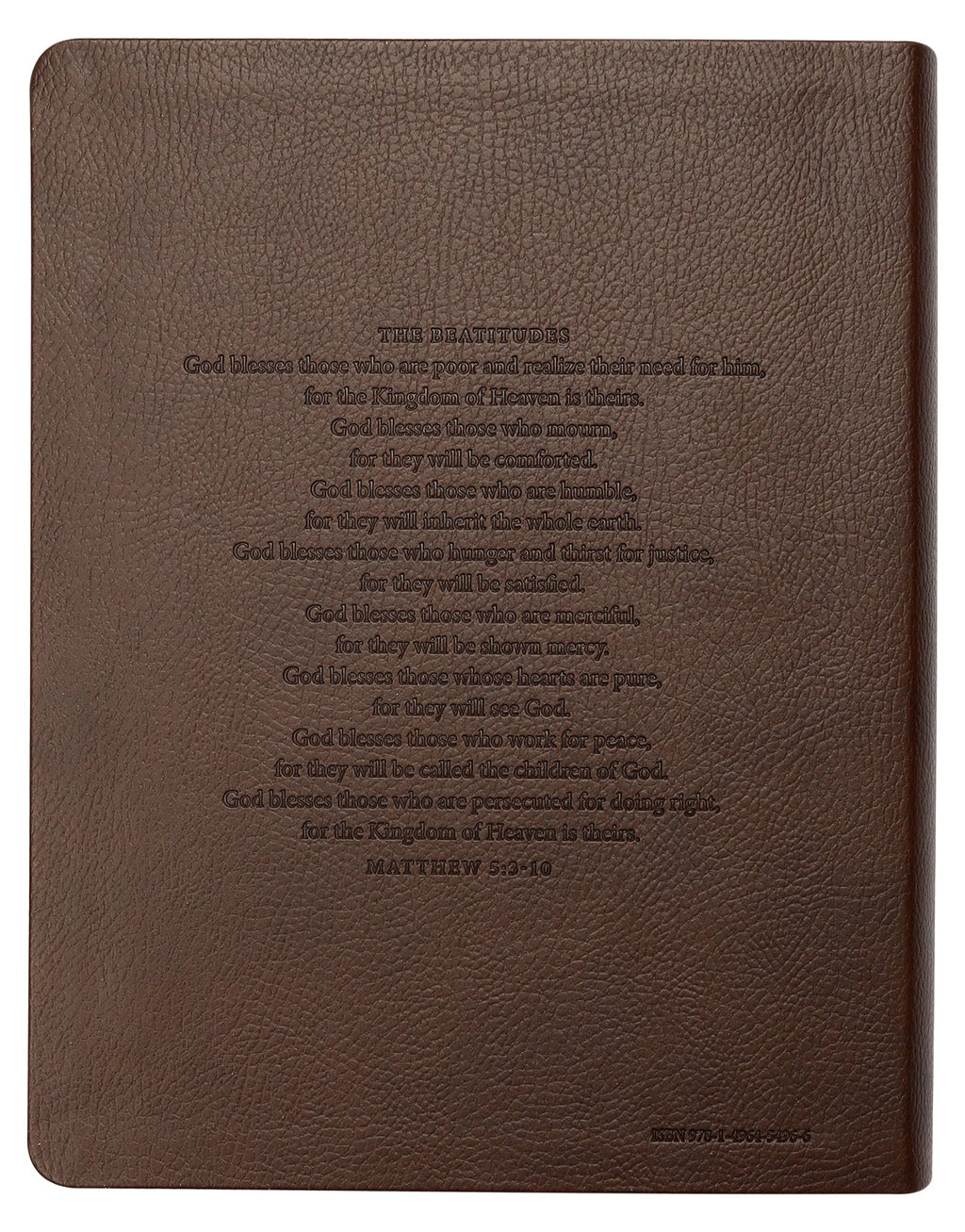 Close up of dark brown leather NLT Inspire Catholic Bible with inspirational text