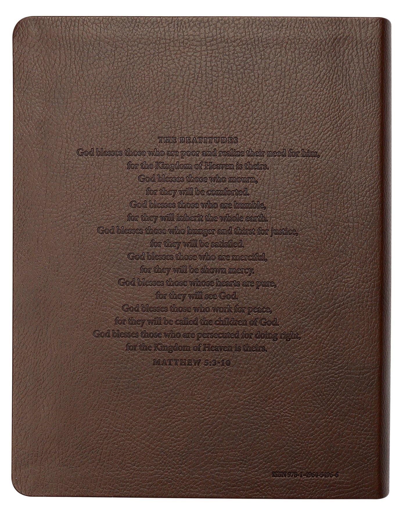 Close up of dark brown leather NLT Inspire Catholic Bible with inspirational text