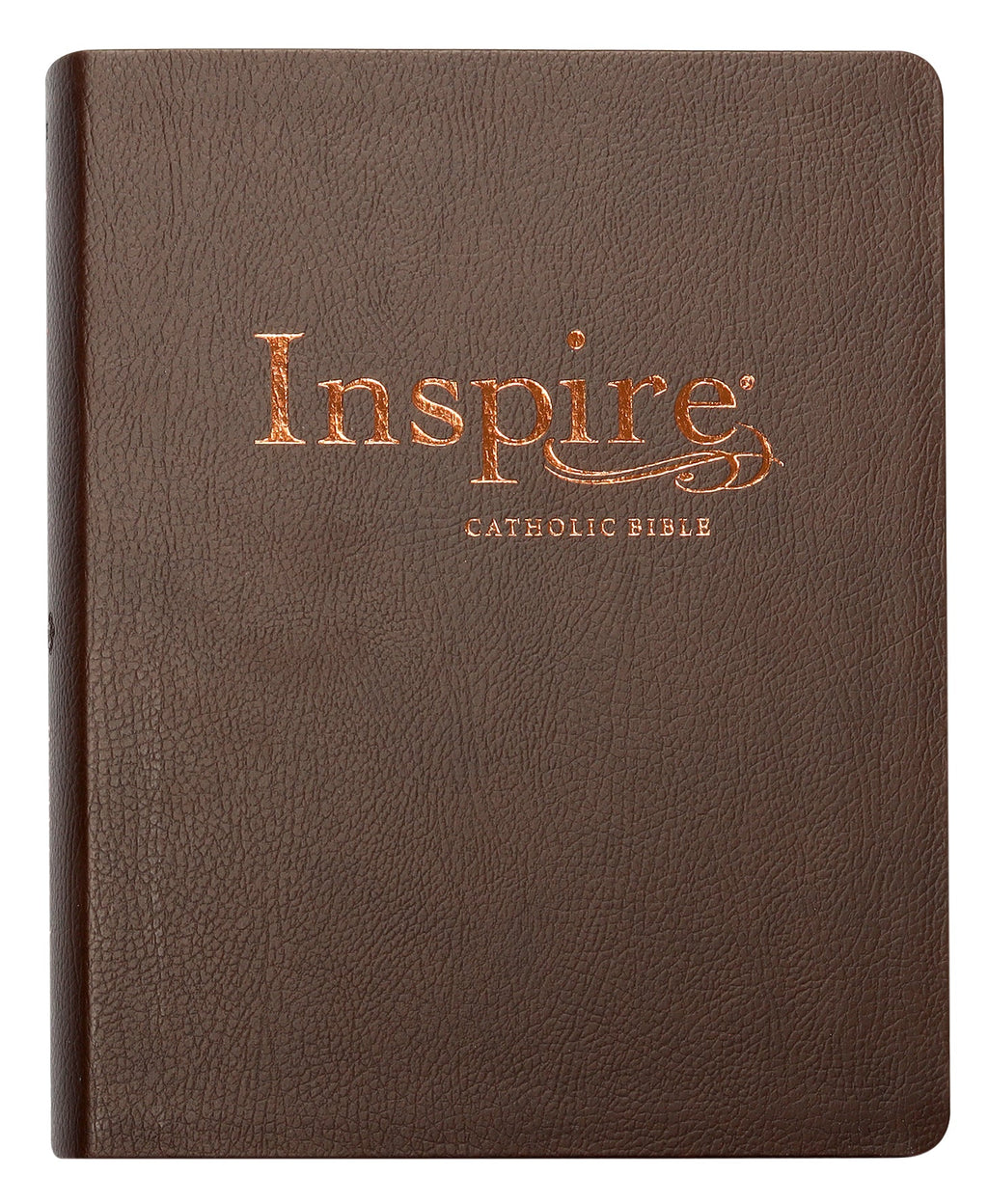 Dark brown leather bound NLT Inspire Catholic Bible for reading and devotion