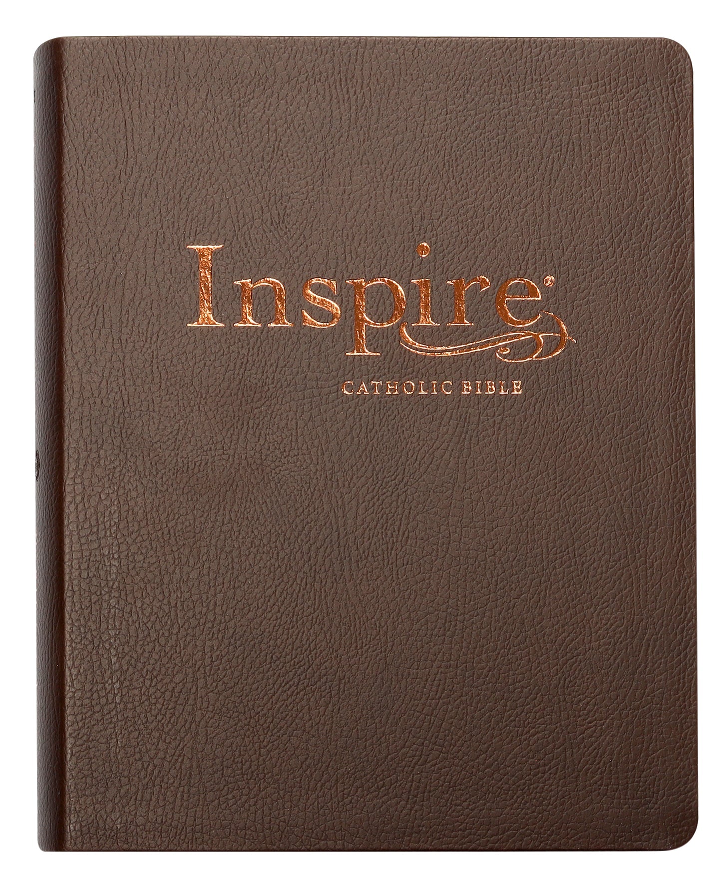 Dark brown leather bound NLT Inspire Catholic Bible for reading and devotion