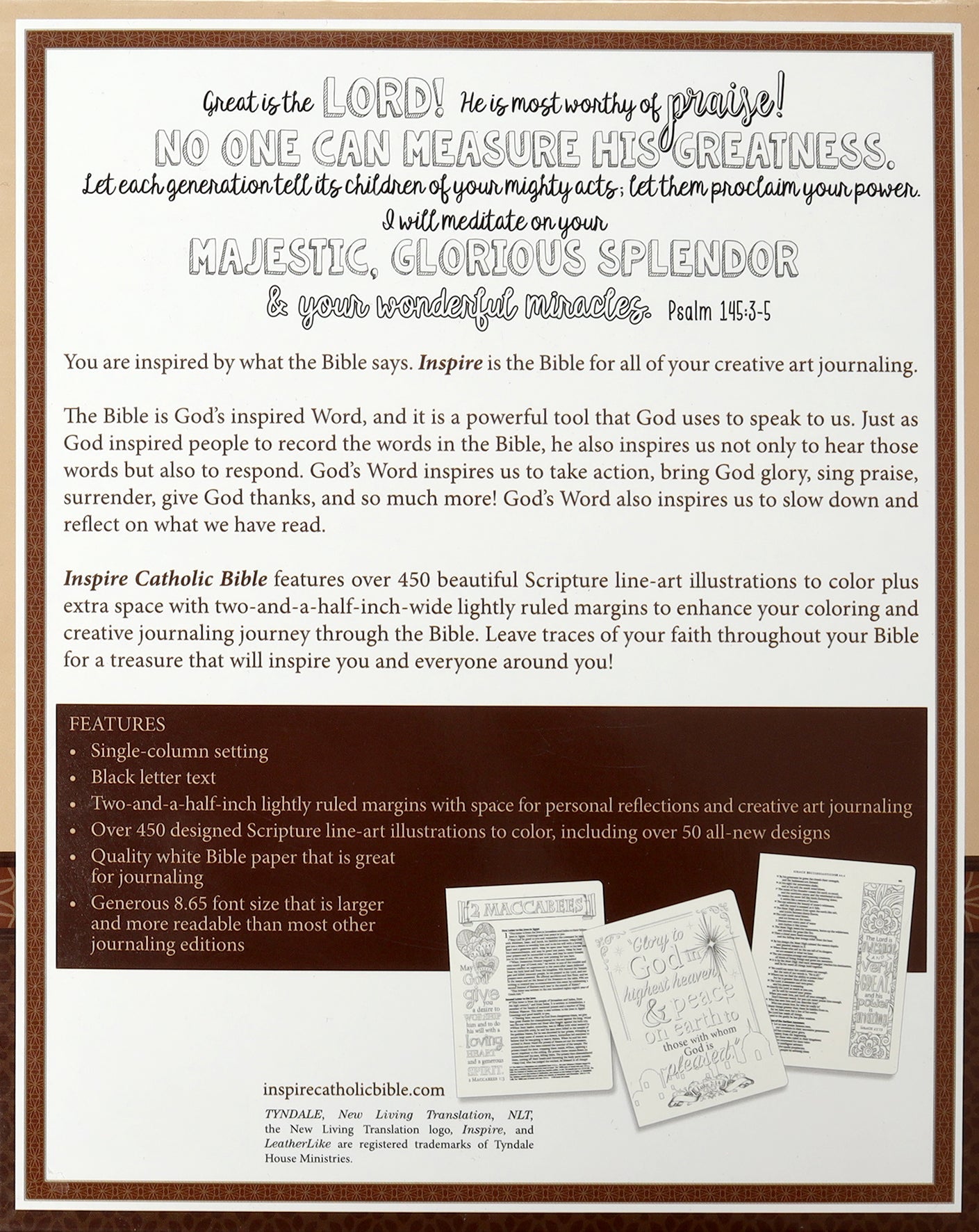 Beautifully crafted NLT Inspire Catholic Bible in dark brown leather for Catholic worship