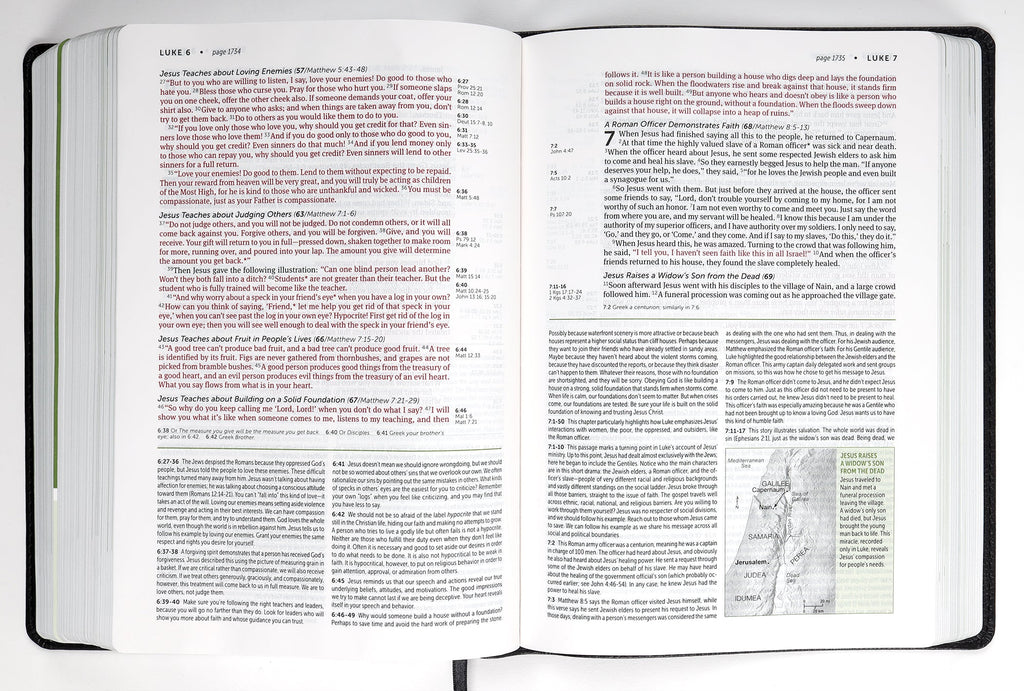 Page spread from Black leather-bound Red Letter Edition NLT Life Application Study Bible