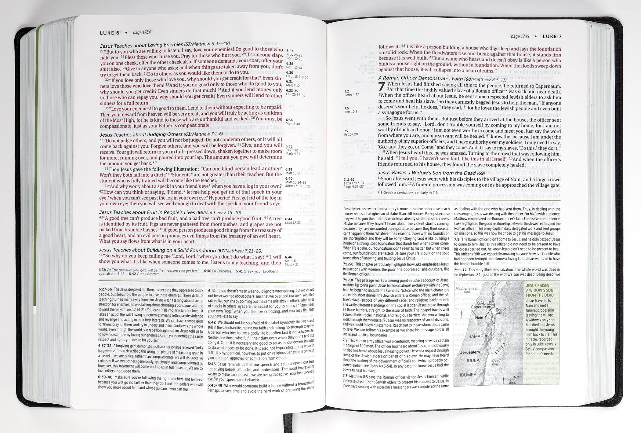 Page spread from Black leather-bound Red Letter Edition NLT Life Application Study Bible