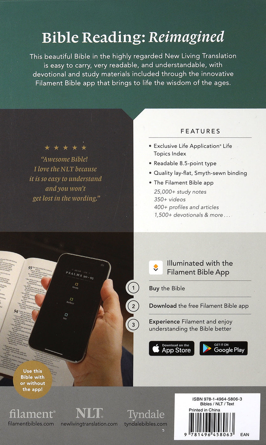 Close-up of NLT Premium Value Thinline Bible Filament Enabled Edition, dark brown leather cover