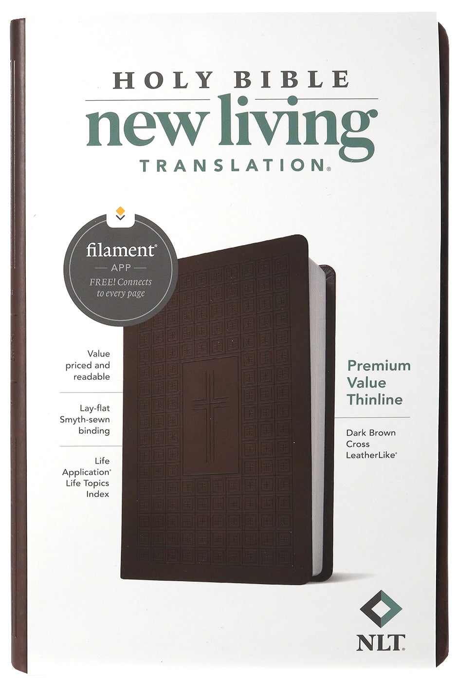 NLT Premium Value Thinline Bible Filament Enabled Edition, open to scripture, dark brown leather cover