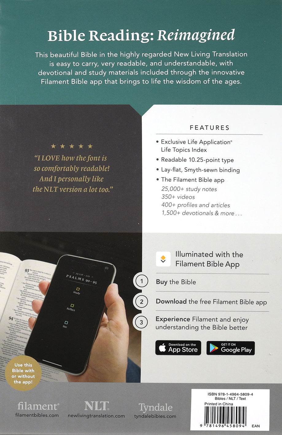 NLT Large Print Thinline Bible with Filament Enabled Eucalyptus Teal Cover