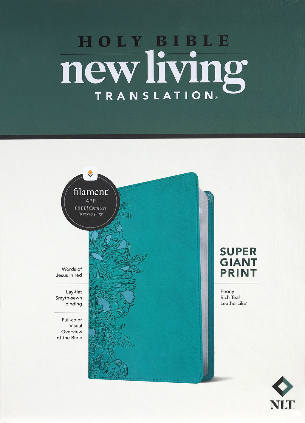 Back cover of NLT New Living Translation Bible with Filament Enabled Edition, Super Giant Print, Peony Rich Teal, Red Letter