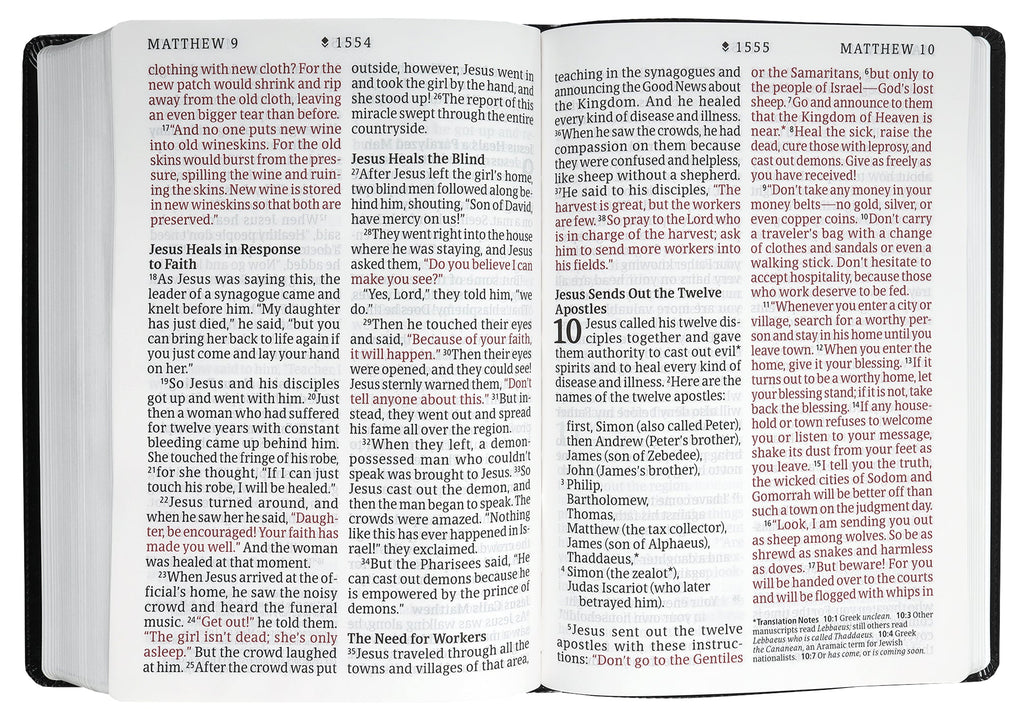 Close-up of NLT New Living Translation Bible with Filament Enabled Edition, Super Giant Print, Peony Rich Teal, Red Letter