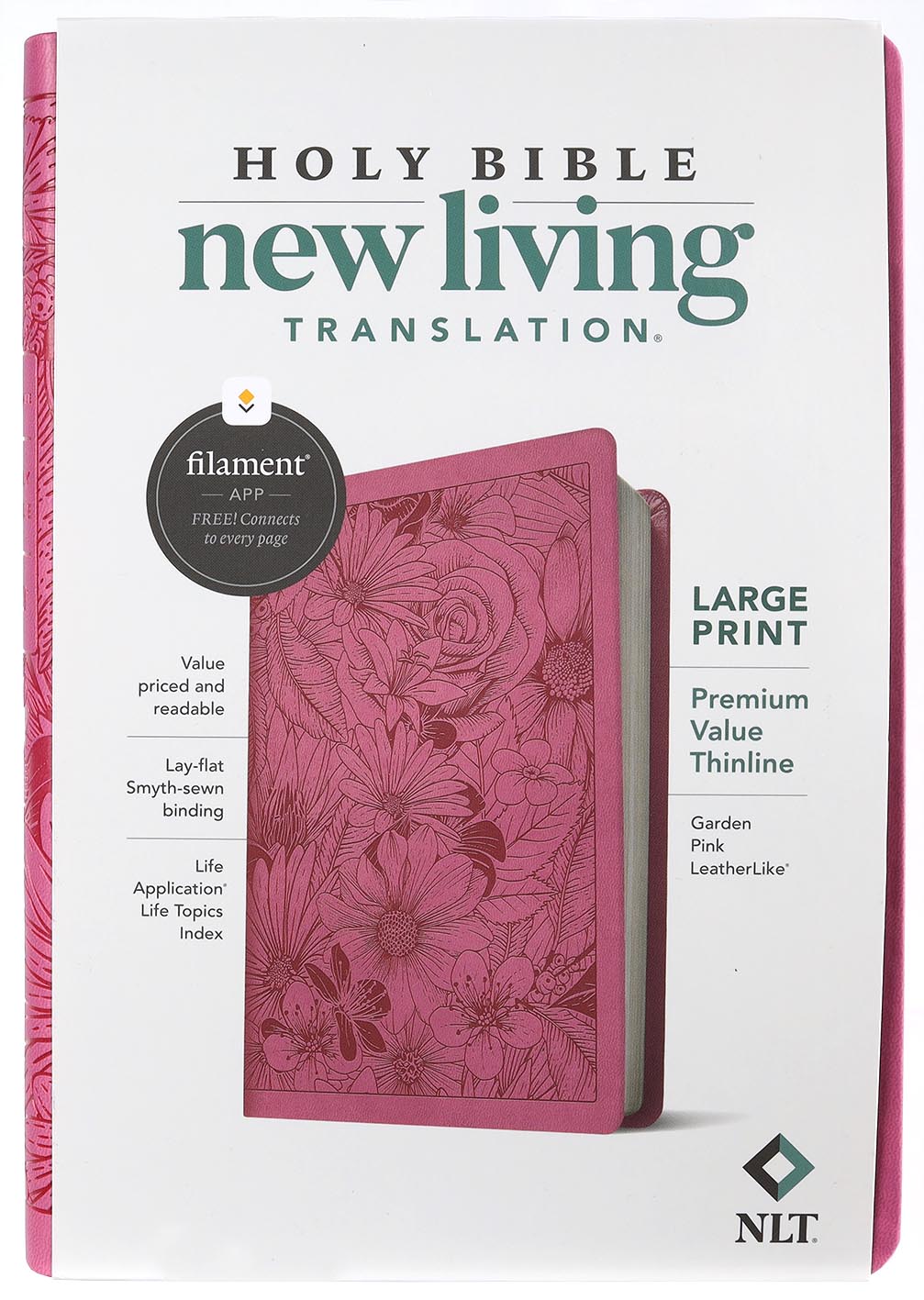 Close-up of Garden Pink Large Print NLT Bible with Filament Enabled Edition
