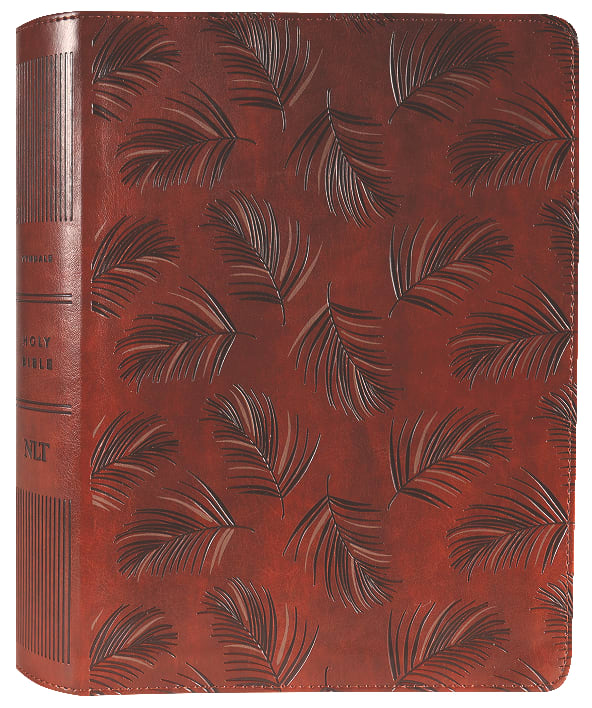 Close-up of NLT Wide Margin Bible with dark brown leather binding and filament enabled notes