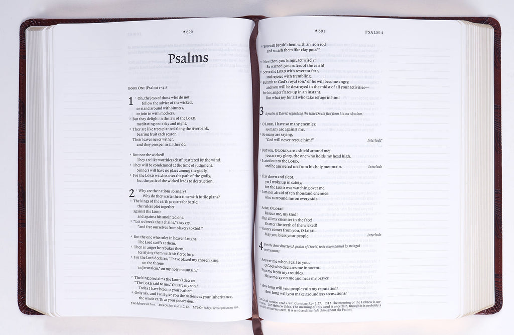 NLT Wide Margin Bible with dark brown leather binding and filament enabled notes, highlighting a verse
