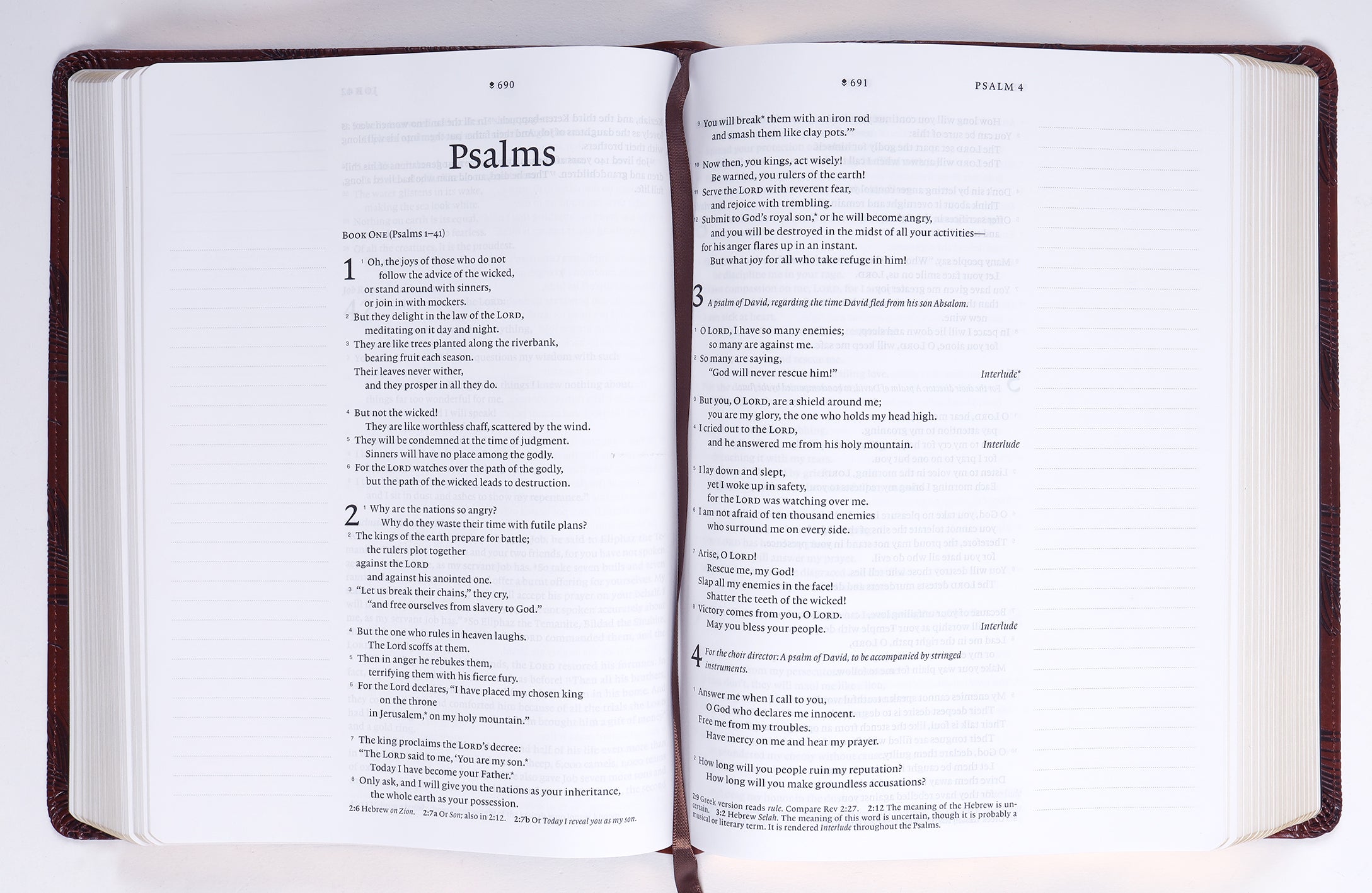 NLT Wide Margin Bible with dark brown leather binding and filament enabled notes, highlighting a verse