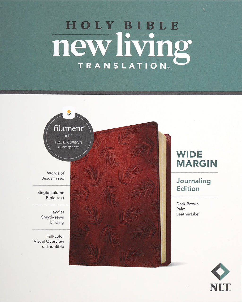 NLT Wide Margin Bible with dark brown leather binding and filament enabled notes, open to a scripture